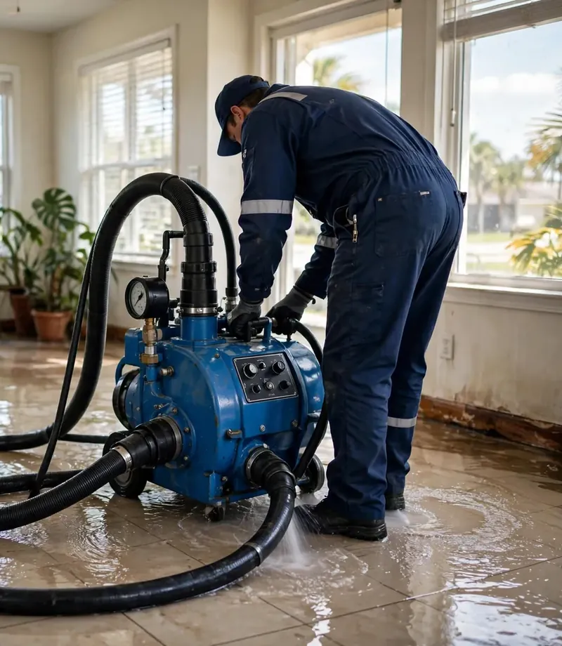 Technician extracting standing water from a flooded living room with professional extraction equipment