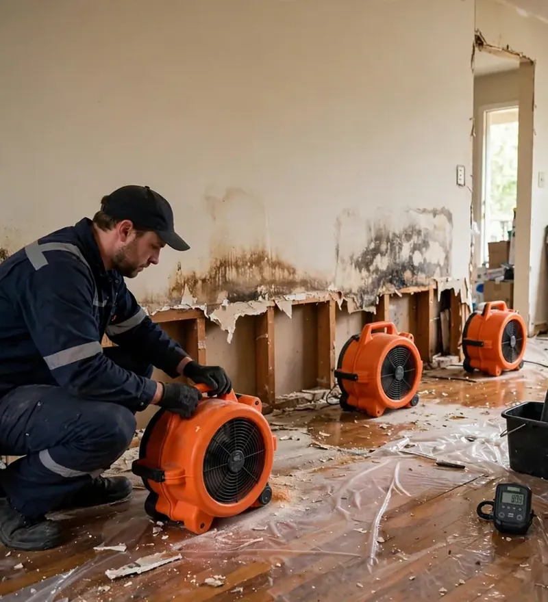 Restoration specialist placing air movers and a dehumidifier in a room with water-damaged drywall removed